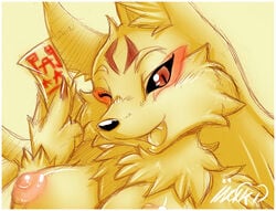 breasts canine close-up face_markings female fluff fox inuki kitsune looking_at_viewer manba_(character) markings multiple_tails nipples one_closed_eyes open_mouth red_eyes solo tail wink yellow