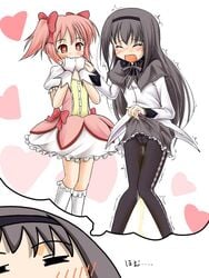 2girls akemi_homura black_hair blush daydream embarrassed female heart homu human imagining kneehighs legwear madoka_kaname magical_girl mahou_shoujo_madoka_magica multiple_girls pantyhose peeing stockings tear thighhighs trembling urine