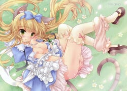 alice_in_wonderland alice_liddell animal_ears blonde_hair bloomers bloomers_(victorian) bloomers_pull blush bow cat_ears dress female female_only green_eyes hotei_kazuha long_hair lying mary_janes nipples open_dress shoes skirt solo tail thighhighs