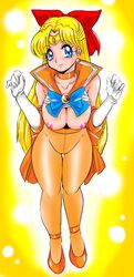 bishoujo_senshi_sailor_moon blonde_hair blue_eyes blush bow breasts choker clothing elbow_gloves female female_only gloves hairbow human large_breasts long_hair looking_at_viewer minako_aino nipples pantyhose pussy sailor_venus smile solo takeshi_aono tiara