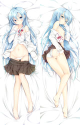 ass bare_shoulders barefoot blue_eyes blue_hair dakimakura denpa_onna_to_seishun_otoko feet highres legs long_hair looking_at_viewer lowleg luna_lia midriff mound_of_venus panties panties_aside polka_dot polka_dot_panties pussy school_uniform seductive_smile skirt smile spread_toes toes touwa_erio underwear