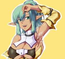 arm_up armpit armpits big_breasts breasts bridal_gauntlets cum dark-skinned_female dark_elf dark_skin elf green_hair large_breasts pointy_ears poko_chin