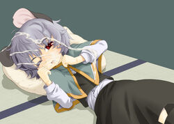 animal_ear cum cum_on_clothes cum_on_hair dress facial grey_hair harukaze_unipo lying mouse_ears nazrin red_eyes short_hair solo touhou unipo wince wink