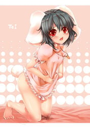 animal_ear bare_legs barefoot black_hair blush bunny_ear bunny_tail carrot dress dress_lift erect_nipples feet highres jewelry kanna211 kantarou_(nurumayutei) kneeling necklace no_panties open_mouth pussy_juice red_eyes short_hair solo tail tear tewi_inaba touhou wet