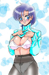 ami_mizuno bishoujo_senshi_sailor_moon blue_eyes blue_hair blue_sweater blush bra breasts cleavage clothed clothing color erect_nipples glasses human large_breasts looking_at_viewer nonude panties pantyhose smile sweater takeshi_aono underwear