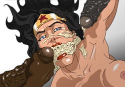 artesia black_hair blue_eyes boots breasts bukkake cum cum_explosion cum_in_mouth cum_shot dark-skinned_male dark_skin dc_comics fellatio forced forehead_protector hair interracial large_penis long_hair makeup male mmf_threesome mouthful multiple_penises muscles nipple oral penis saliva superheroine tears uncensored veiny_penis wonder_woman wonder_woman_(series)