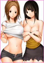 2girls areolae azuki_miho bakuman bare_shoulders black_hair blonde_hair blush bra breast_hold breasts brown_eyes brown_hair cleavage covering covering_breasts female female_only fukurokouji hand_on_shoulder large_breasts lingerie long_hair lowres midriff miyoshi_kaya multiple_girls navel open_fly open_mouth pointy_chin shirt_lift short_shorts shorts skirt unbuttoned underboob underwear undressing unzipped