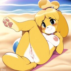 ai_generated animal_crossing anthro beach beach_ball breasts canid canine female isabelle_(animal_crossing) legs_up lying lying_on_back mammal medium_breasts nintendo nipples ocean on_back outdoors pussy sklimaa smile solo yellow_body yellow_fur