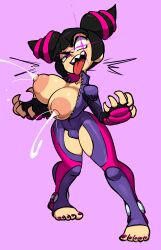 1girls areolae bangs black_hair blush_stickers bodysuit breasts capcom clothed drill_hair eyepatch feet female female_only fingerless_gloves full_body gloves highres human jellot juri_han lactation large_breasts looking_at_viewer nail_polish navel nipples open_smile perky_breasts pink_eyes purple_background purple_nails sharp_teeth sidelocks smile solo street_fighter toeless_legwear toes tongue_out twin_drills unzipped