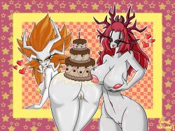 amber_(carrotgitlewd) anthro ass big_ass big_breasts big_butt birthday birthday_cake black_sclera breast_grab breasts cake candle carrotgitlewd checkered_background dessert duo elemental_creature elemental_humanoid eyelashes eyeshadow fan_character female female/female flora_fauna food food_fetish food_play genitals hair hand_on_breast heart hi_res hollow_knight horn humanoid long_hair looking_at_viewer makeup nipples nude orange_eyeshadow orange_hair pattern_background plant plant_humanoid pussy red_eyes red_eyeshadow red_hair red_nipples simple_background smile star team_cherry tongue tongue_out white_body yellow_eyes yellow_nipples