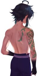 1boy absurdres annidrw arm_tattoo back bite_mark black_hair genshin_impact green_hair highres male_only multicolored_hair pants rear_view scar solo tattoo topless_male xiao_(genshin_impact)