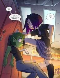 1boy 1girls beast_boy clothed cyborg_(dc) dc dc_comics dick_grayson female_dominating_male femdom fully_clothed garfield_logan green_hair green_skin grey_skin kabedon male nonude purple_hair rachel_roth raven_(dc) robin_(dc) robin_(dick_grayson) skirt teen_titans the_other_half victor_stone