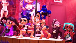 2girls 3d bikini blue_eyes blue_hair bookshelf convex_(freezerburn) dance dev_(freezerburn) freezerburnsfm headgear multiple_boys multiple_girls octoling octoling_girl poster ryoku-san_(inkling) sfm smirk smirking source_filmmaker splatoon splatoon_2 splatoon_3 strip_club stripper stripper_pole