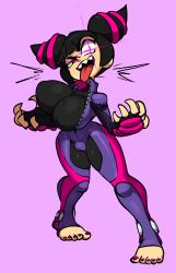 1girls bangs black_hair blush_stickers bodysuit breasts capcom closed_eyes clothed drill_hair eyepatch feet female female_only fingerless_gloves full_body fully_clothed gloves highres human jellot juri_han large_breasts nail_polish perky_breasts purple_background purple_nails sharp_teeth sidelocks smile solo street_fighter toeless_legwear toes tongue_out twin_drills unzipped