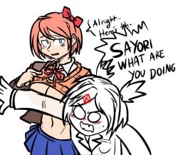 2girls 5_fingers blue_eyes blue_skirt blush bow breasts censored censored_breasts cock_blocked covering covering_breasts doki_doki_literature_club emeruga english_text female female_only funny hairbow meme multiple_girls natsuki_(doki_doki_literature_club) red_bow red_hair_bow red_hairbow sayori_(doki_doki_literature_club) skirt speech_bubble strawberry_blonde_hair strip_game text text_bubble