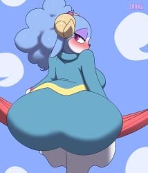 2023 anthro apple_arcade ariem artist_name ass big_butt blush bovid breasts clothed clothing cloud dress eyeshadow female horn looking_at_viewer looking_back makeup mammal sega sheep sitting solo sonic_(series) sonic_dream_team sonic_the_hedgehog_(series) zaviel