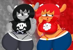 2020 2girls 3barts anthro big_breasts black_hair black_panties blue_eyes blush clothing eyelids female lamb lammy_lamb lipstick panties parappa_the_rapper rammy_lamb red_hair red_panties sheep sony_interactive_entertainment thick_thighs thumbs_up um_jammer_lammy wide_hips