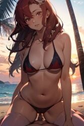 ai_generated beach bikini bikini_bottom breasts curvy hi_res hips long_hair looking_at_viewer male_pov no_shorts ocean on_top orange_eyes outdoors palm_trees penis_against_ass pixai pov pov_eye_contact red_hair stable_diffusion straddling sunset tengen_toppa_gurren_lagann thick_thighs wekilled_god yoko_littner