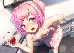 1girls :3 :d apron ayagi_daifuku bare_arms bare_legs bare_shoulders blush breasts cabinet cat_cupcake collarbone cupcake doki_doki_literature_club downblouse eyebrows eyelashes fang feet_out_of_frame fingernails floor food frilled_apron frills hair_intakes hair_ornament hand_on_own_hip hand_up happy holding holding_food icing indoors kitchen leaning_forward legs_together light_particles looking_at_viewer midriff naked_apron natsuki_(doki_doki_literature_club) open_mouth pink_apron pink_eyes pink_hair pink_pupils short_hair sink small_breasts smile solo sprinkles standing star_(symbol) swept_bangs teeth tongue two_side_up wall x_hair_ornament