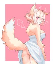 2021 anthro ass blonde_hair blush breasts canid dat_ass exclamation_point female fur hair hand_on_arm hi_res looking_at_viewer looking_back looking_back_at_viewer mammal momomofura pink_background pink_eyes raised_tail simple_background smile solo tail tan_body tan_fur tongue tongue_out towel towel_only