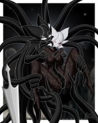 absurd_res anthro big_breasts black_body black_sclera blush bodily_fluids border breasts carrotgitlewd fan_character female female/female genital_fluids genitals hi_res hollow_knight pussy pussy_juice segmented_body sex shadow_creature sweat sword_in_ground team_cherry tentacle tentacle_sex vessel_(species) void_(hollow_knight) weapon white_eyes