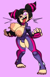 1girls areolae bangs black_hair blush_stickers bodysuit breasts capcom clothed drill_hair eyepatch feet female female_only fingerless_gloves full_body gloves highres human jellot juri_han large_breasts looking_at_viewer nail_polish navel nipples open_smile perky_breasts pink_eyes purple_background purple_nails sharp_teeth sidelocks smile solo street_fighter toeless_legwear toes tongue_out twin_drills unzipped