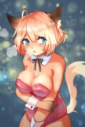 2021 ahoge anthro blonde_hair blue_eyes blush bodily_fluids breasts breath bunny_costume canid clothing costume cuff_(restraint) female fur hair hi_res leotard looking_aside mammal momomofura open_mouth pink_clothing pink_leotard restraints short_hair simple_background solo tan_body tan_fur tears wrist_cuffs