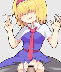 1boy alice_margatroid bar_censor between_breasts black_pantyhose blonde_hair blue_dress breasts capelet censored cigarette clothed_sex clothing_aside collared_capelet commentary cookie_(touhou) cowboy_shot dress female frilled_hairband frills grey_background hair_between_eyes hair_over_eyes hairband holding holding_cigarette hospital_king jigen_(cookie) long_bangs medium_breasts medium_hair necktie necktie_between_breasts panties panties_aside pantyhose penis pussy red_hairband red_necktie red_sash sash sex simple_background solo_focus straight textless_version torn_clothes torn_pantyhose touhou underwear vaginal_penetration white_capelet white_panties