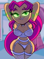 1girls alien alien_girl armpits arms_behind_head big_breasts biting_lip cartoon_network dc dc_comics female female_focus female_only green_eyes humanoid instantnudeles koriand'r lingerie long_hair looking_at_viewer nipples nipples_visible_through_clothing red_hair starfire starfire_(ttg) superheroine teen_titans teen_titans_go