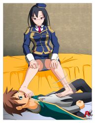 arlioth barefoot bed denki_anma dominant_female domination female foot_lick foot_on_face foot_on_head footjob footjob_over_clothes glasses kono_subarashii_sekai_ni_shukufuku_wo! male older_female panties satou_kazuma sena_(konosuba) stepped_on stepping_on_penis submissive_male younger_male