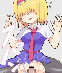 1boy ^^^ alice_margatroid bangs bar_censor between_breasts black_pantyhose blonde_hair blue_dress breasts capelet censored cigarette clothed_sex clothing_aside collared_capelet commentary conveniently_torn_clothing cookie_(touhou) cowboy_shot dress female frilled_hairband frills grey_background hair_between_eyes hair_over_eyes hairband holding holding_cigarette hospital_king jigen_(cookie) long_bangs medium_breasts medium_hair necktie necktie_between_breasts panties panties_aside pantyhose penis pussy red_hairband red_necktie red_sash sash sex simple_background solo_focus straight torn_clothes torn_pantyhose touhou underwear vaginal_penetration white_capelet white_panties