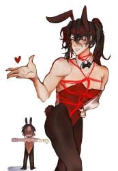 2022 2boys black_hair black_nails brown_hair bunnysuit collar earrings heart majesprick male male_only mysta_rias nijisanji nijisanji_en ponytail rope_bondage shibari shibari_over_clothes t-pose virtual_youtuber vox_akuma white_background yellow_eyes