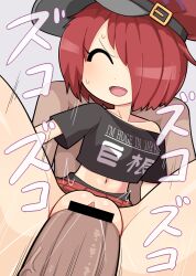 1boy bar_censor belt black_belt black_shirt blush breasts cabbie_hat censored closed_eyes clothed_sex clothes_writing commentary cookie_(touhou) cowboy_shot crop_top female frilled_skirt frills grey_background hair_between_eyes hat hat_belt hecatia_lapislazuli hospital_king ktgijgkgdusimn_(cookie) long_bangs medium_breasts midriff miniskirt navel off-shoulder_shirt off_shoulder open_mouth penis plaid plaid_skirt pussy red_hair red_headwear red_skirt sex shirt short_hair simple_background single_bare_shoulder skirt smile solo_focus straight touhou vaginal_penetration