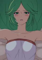 1girls bare_shoulders blush boobs_covered clothed green_eyes kid_icarus lelie_link long_hair looking_at_viewer lying neck nintendo on_bed palutena sweat upper_body