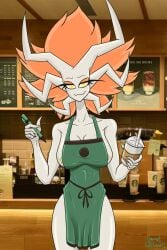 absurd_res amber_(carrotgitlewd) anthro apron apron_only big_breasts breasts carrotgitlewd clothing collarbone container cup drinking_straw elemental_creature elemental_humanoid eyelashes female flora_fauna hair hi_res holding_container holding_cup holding_object holding_pen hollow_knight horn humanoid i_mean_breast_milk meme nipple_slip nipples orange_eyeshadow orange_hair pen plant plant_humanoid scar smile smiling_at_viewer solo starbucks straw team_cherry white_body yellow_eyes yellow_nipples