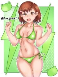 1girls 2020s 2023 absurd_res alternate_breast_size amegasuki ass_visible_through_thighs bare_legs bare_shoulders bikini breasts brown_eyes brown_hair brunette collarbone female gekota gluteal_fold green_bikini green_swimsuit hairclip hi_res hips light_blush matching_hair/eyes medium_breasts midriff misaka_mikoto navel open_mouth open_smile short_hair smile solo standing swimsuit to_aru_kagaku_no_railgun to_aru_majutsu_no_index twitter_username