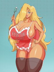 1girls apron barely_clothed blonde_hair blue_eyes breasts_bigger_than_head brown_thighhighs cleavage clothes_writing cowboy_shot curvy_female daphne_(babie_fluff) english_text female gradient_background hair_over_one_eye hand_on_hip hourglass_figure legs_together lips no_bra oc original_character panties parted_lips pink_panties polka_dot_background solo standing suggestive_fluid suggestive_fluid_on_breasts tagme techstylesart thick_thighs thighhighs very_long_hair wide_hips