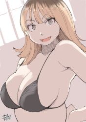 1girls 2023 blonde_hair bra brown_hair chubby cleavage cute_fang deep_cleavage green_eyes hadashi_no_kenji looking_at_viewer original original_character shoulder_length_hair sideboob two_tone_hair