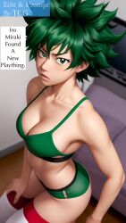 1girls ai_generated angry_face athletic_female bra breasts cleavage female female_deku female_only genderswap_(mtf) green_bra green_eyes green_hair izuku_midoriya midoriya_izuku miniskirt my_hero_academia rule_63 short_hair solo solo_female sports_shorts sporty thechronicgamer thighhighs tomboy white_skin