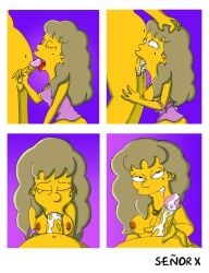 beauty_mark bedroom_eyes blowjob cum cum_in_mouth cum_in_throat darcy_(the_simpsons) dark_blonde_hair deepthroat eye_contact fellatio homer_simpson kneeling licking_penis long_hair medium_breasts necklace oral partial_male pov senor_x the_simpsons yellow_skin