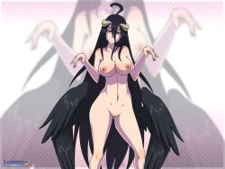 1girls absurd_res ahoge albedo_(overlord) areola big_breasts black_feathers black_hair breasts collarbone eyebrows feathered_wings feathers female female_only front_view green_eyes hi_res horns humanoid large_breasts layerth legs_apart light-skinned_female light_skin looking_at_viewer navel nipples nude nude_female overlord_(maruyama) pussy smile solo standing succubus thick_thighs very_long_hair watermark wide_hips wings zoom_layer