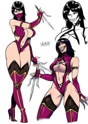 big_breasts big_thighs black_hair breasts character_sheet cnmbwjx edenian fangs female heel_boots heeled_boots heels leotard light-skinned_female light_skin mask masked masked_female midriff mileena mileena_(mk9) mortal_kombat mortal_kombat_(2011) pink_clothing purple_clothing ryuusei_(mark_ii) sai_(weapon) sharp_teeth short_hair smile smiling solo solo_female tarkatan thighhighs thighs weapon yellow_eyes