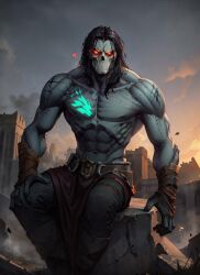 1boy abs ai_generated bare_arms bare_chest bare_shoulders biceps black_hair broad_shoulders collarbone darksiders darksiders_2 death_(darksiders) detailed_background facing_viewer flirting flirting_with_viewer front_view glowing_eyes grey_body grey_skin hand_on_knee hand_on_leg heart hearts_around_head humanoid long_hair looking_at_viewer male male_only markings mask masked_male muscle muscles muscular muscular_male no_humans not_porn orange_eyes outdoors outside pecs pectorals ruined_city ruins sitting six_pack skull_mask smug smug_expression smug_eyes sole_male solo solo_focus solo_male tagme tagme_(artist) tattoo tattoos vein veins