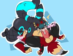 2023 69_position anthro balls black_body black_fur blush bodily_fluids clothing collar colored cum cum_in_mouth cum_inside digital_media_(artwork) duo eeveelution ejaculation fishnet fishnet_legwear fur gay generation_2_pokemon genital_fluids genitals hi_res knightferret legwear male male/male markings multicolored_tail nintendo oral pawpads penis pokemon pokemon_(species) red_body red_fur red_sclera sex sound_effects spiked_collar spikes star_(marking) surprised_expression tail umbreon