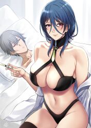 1boy 1girls after_sex bed black_bra black_legwear black_panties blanket blue_hair caelus_(honkai:_star_rail) choker cleavage closed_eyes collar condom cum drained exhausted eyebrows_visible_through_hair gray_hair guy_tired_after_sex_(meme) hair_between_eyes holding_object honkai:_star_rail honkai_(series) implied_sex large_breasts light-skinned_female light-skinned_male light_skin long_hair lying meme natasha_(honkai:_star_rail) navel open_clothes panties parted_lips partially_clothed pillow purple_eyes sitting sleeping smile syringe thighhighs underwear used_condom watermark white_shirt xter xtermination