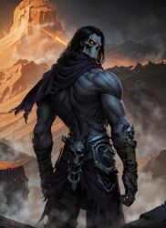 1boy ai_generated back back_view bare_arms bare_back bare_shoulders biceps black_hair broad_shoulders darksiders darksiders_2 death_(darksiders) detailed_background glowing_eyes grey_body grey_skin half_naked humanoid long_hair looking_at_viewer looking_over_shoulder male male_only mask masked masked_male mountain muscle muscles muscular muscular_male not_porn orange_eyes outdoors outside shirtless shirtless_(male) skull_mask snow sole_male solo solo_focus solo_male tagme tagme_(artist) tattered_clothing