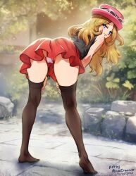 1girls ass bent_over big_ass black_legwear black_tail black_thighhighs blonde_hair blue_eyes blurry blurry_background blush clothed clothing dated eyebrows_visible_through_hair feet female female_only forest from_behind hands_on_own_thighs hat human human_only legs legwear long_hair looking_at_viewer looking_back minacream nail_polish nature nintendo no_shoes outdoors panties pink_headwear pink_panties pokemon pokemon_(game) pokemon_xy red_skirt serena_(pokemon) serena_(pokemon_games) shirt signature skirt sleeveless soles solo sunglasses thighhighs toes underwear upskirt