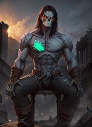 1boy abs ai_generated bare_arms bare_chest bare_shoulders biceps black_hair broad_shoulders darksiders darksiders_2 death_(darksiders) detailed_background dick_root facing_viewer flirting flirting_with_viewer front_view glowing_eyes grey_body grey_skin half_naked hands_on_knees head_tilt heart hearts_around_head humanoid long_hair looking_at_viewer male male_only markings mask masked masked_male no_humans not_porn orange_eyes pale-skinned_male pale_skin pecs pectorals ruins sitting six_pack skull_mask smug smug_expression smug_eyes sole_male solo solo_focus solo_male tagme tagme_(artist) tattoo tattoos tilted_head tilting_head