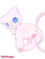 anus blue_eyes blush bodily_fluids digital_drawing_(artwork) digital_media_(artwork) female feral generation_1_pokemon genital_fluids genitals hi_res legendary_pokemon long_tail mew nakimayo nintendo paws pink_body pokemon pokemon_(species) pussy pussy_juice solo solo_focus sweat tail white_body