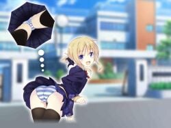 1girls 5_fingers ass ass blonde_hair blue_eyes blue_skirt female official_art panchira panties pantsu pantyshot shimapan skirt stockings umbrella_upskirt upskirt upskirt_umbrella